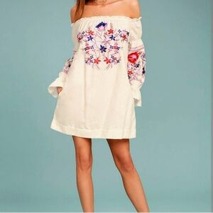 Free People  Embroidered Off-Shoulder Peasant Top - Cream with Multicolor Floral